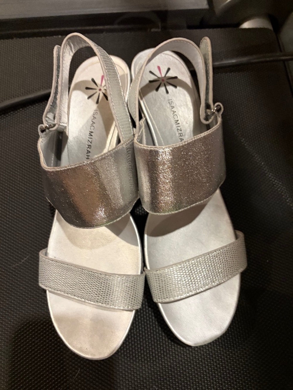 Isaac Mizrahi metallic silver double-strap slingback wedge sandals with a textur